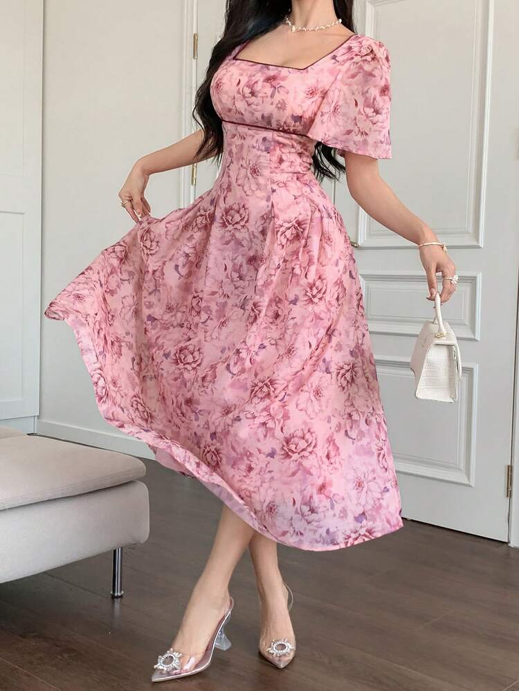 Women's Summer French Retro Square Collar Puff Sleeve Ditsy Floral Midi Dress