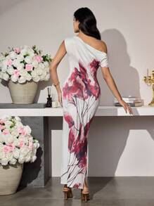 Modelyn 女士花卉印花斜肩长款针织连衣裙，优雅迷人，合身，适合春夏季 - 彩色 - 查看 2
