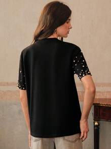 Anewsta 现代都市风格圆领串珠装饰短袖女式T恤 - 黑色 - 查看 2
