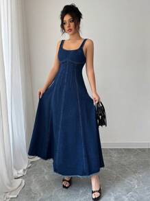 Elenzga 休闲优雅女式牛仔连衣裙 - 藍色 - 查看 5