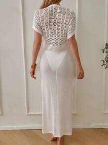 SHEIN Swim Women's Openwork Solid Color Knit Short Sleeve Cover Up Cover-Up, Casual Beach Wear, Bikini Wrap, Summer - White - View 2