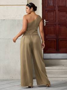 SHEIN LUNE Plus Size Women Casual Beige Striped Asymmetric Asymmetric Neck 2 Pieces Set - Brown - View 2
