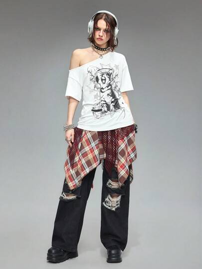 Grunge Punk Maglietta oversize a maniche corte con stampa gatto, stile sottocultura punk grunge di Y2K