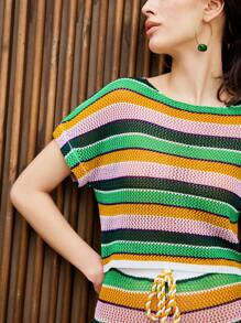 SHEIN Unity Women 2pcs Set Contrast Color Striped Knitted Top And Pants, Leisure Vacation Style - Multicolor - View 8