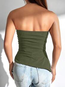 SHEIN EZwear 女士休闲纯色侧开衩抹胸上衣，夏季 - 軍綠色 - 查看 2