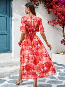 SHEIN Clasi Shirred Split Hem Romantic Holiday Dress  Summer Dresses For Women   Sundress - Orange - View 2