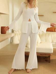 Lullawish Deep V-Neck Ribbed Asymmetrical Bell Sleeve Women's Loungewear Set