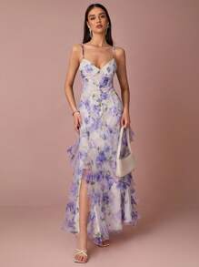 Enchnt Vestido deslizante elegante de gasa con estampado floral, patchwork y dobladillo con volantes para mujer
