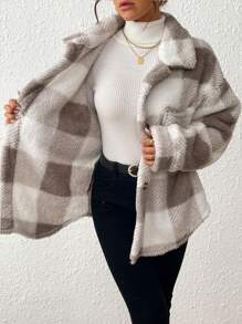 INAWLY Women's Plaid Fuzzy Single-Breasted Casual Loose Regular Jacket