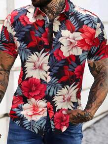 Manfinity RSRT Herren Hemd mit tropischem Pflanzenmuster und kurzen Ärmeln, figurbetontes Button-Up Blumengrafik Hemd für den Urlaub