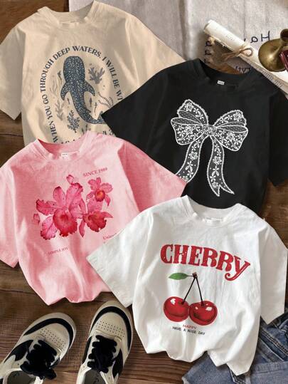 SHEIN EZwear 4pcs/Set Casual Minimalist Resort Style Cherry, Floral, Bow, Marine Life Shark Print Round Neck Loose Fit Women T-Shirts,Slightly Sheer Suitable For Summer Suitable For Going Out