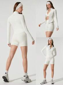 GLOWMODE FeatherFit™ Studio Ready 拉链口袋修身长袖拇指孔运动夹克低冲击瑜伽普拉提工作室健身房日常 - 白色 - 查看 8