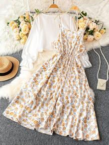 SHEIN Clasi 大码女式印花吊带背心连衣裙和纯色雪纺开衫套装，优雅两件套，适合春夏季 - 彩色 - 查看 2