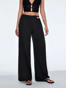 SHEIN TRNDY Quần thiết kế cạp bất đối xứng thường ngày đi làm - màu đen - Xem 4
