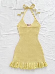 Soleia Women's Resort Moss Green Halter Backless Cutout Metal Starfish Knitted Mini Dress With Ruffles - Mustard Yellow - View 2