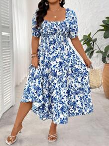 SHEIN Clasi Plus Size Women's Square Neck Casual Resort Summer Dress - Multicolor - View 1