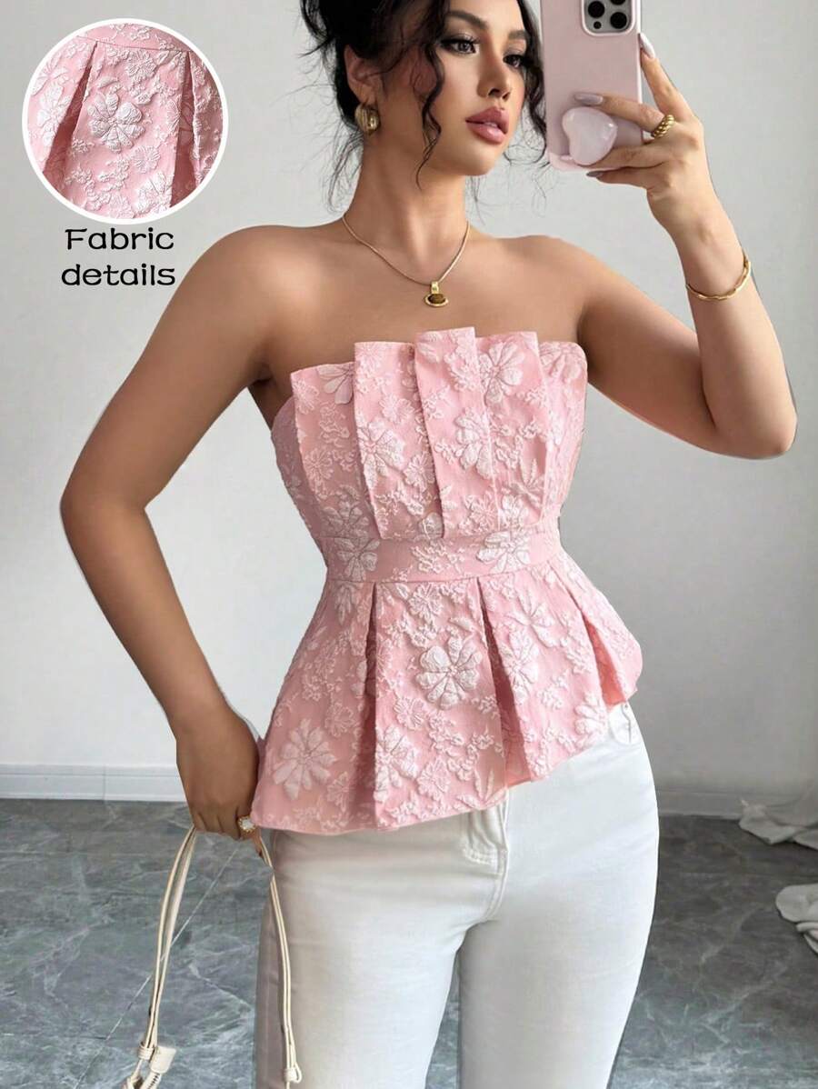 Rafferiza 女士优雅花卉抹胸不对称下摆上衣 - 粉色 - 查看 1