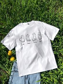 SHEIN EZwear Camiseta de mujer de manga corta, cuello redondo, corte slim con estampado de gato en un estilo casual y sencillo, adecuada para el verano - Blanco - Ver 4