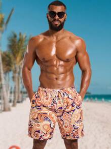 Surfspeed Plus Size Men's Botanical Print Drawstring Waist Beach Shorts - Multicolor - View 5