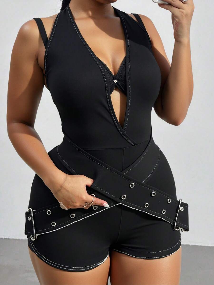 Flirla Plus Size Sleeveless Solid Color Halter Sexy Fashionable Faux Denim Jumpsuit