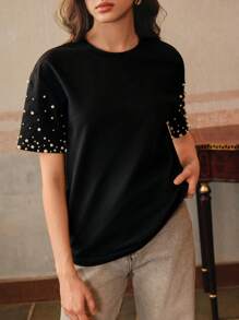 Anewsta 现代都市风格圆领串珠装饰短袖女式T恤 - 黑色 - 查看 7