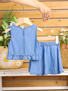 SHEIN 2pcs Baby Girl Denim Ruffle Hem Top & Skirt Set - Light Wash - View 10