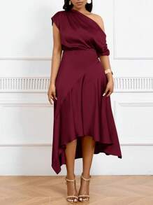 SHEIN Tall CURVE 大码不对称下摆缎面正式连衣裙，收腰设计，优雅晚礼服，夏季女士休闲连衣裙，生日女士服装，大码女装，正式、商务休闲女装 - 中紫紅色 - 查看 3