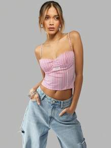 MISSGUIDED Áo hai dây kiểu corset sọc hồng cổ điển có thân áo có cấu trúc, áo crop top dự tiệc bãi biển mùa hè, mặc lễ hội, mặc áo lót chống nắng - Đỏ và trắng - Xem 1