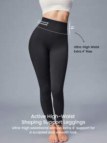 LUVLETTE Women's Black Seamless Wide Waistband Waist Elegance Yoga Fitness Active Gym Basic Leggings - Black - View 7