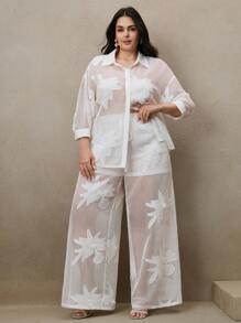 Anewsta 2 piezas Conjunto de playa o calle elegante y casual con flores grandes 3D bordadas huecas en color marrón, adecuado para primavera y verano