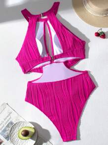Swim Vcay 1pc Women Solid Color One-Piece Swimsuit, Fashion & Suitable For Summer - Hot Pink - View 3