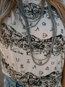 SHEIN EZwear Western Style Vintage Black Tombstone Town Monogrammed Casual T-Shirt - Black - View 4