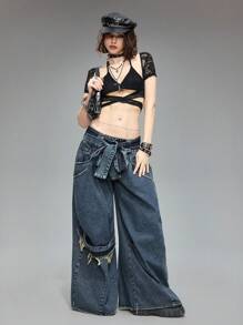 ROMWE Y2K Vintage Streetwear Ultra Low Waist Super Loose Fit Jeans - Navy Blue - View 2