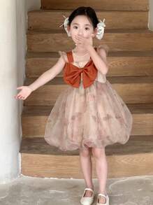 DAZY Young Girls Summer Square Neck Gradient Elegant Bowknot Decor Party Dress - Coffee - View 9