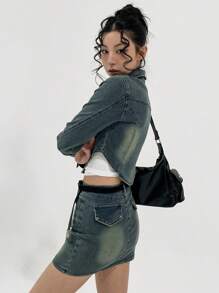 DAZY Women Distressed Denim Short Jacket And Skirt 2-Piece Set - Blue - View 3