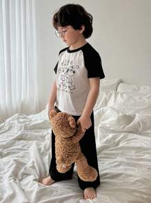 DAZY Young Boy Letter & Cartoon Print Raglan Short Sleeve Top And Pants Loungewear Set - Black and White - View 3