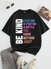 SHEIN Unity Be Kind 格言圆领短袖时尚女士T恤 - 黑色 - 查看 3