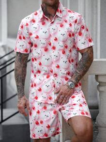 Manfinity Roghcode Men's Cartoon Print Short Sleeve Shirt And Shorts Casual Suit - Multicolor - View 11