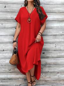 Hourglow Vestido casual recto de manga corta de murciélago con cuello en V para mujer de talla grande - Rojo - Ver 5