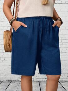 EMERY ROSE Pantalones cortos informales de mujer con tallas grandes, de un solo color, con bolsillos y cinturón - Neblina azul - Ver 6