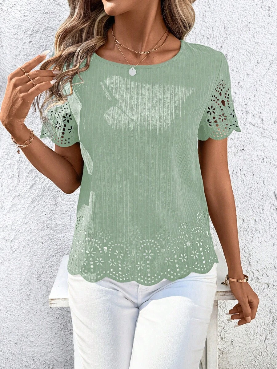 SHEIN Clasi Women's Burnout Round Neck Casual Loose Shirt, Spring/Summer - Mint Green - View 1