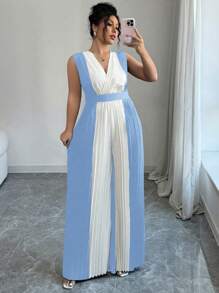 SHEIN PETITE Mono de mujer de talla grande con cuello en V fruncido, cintura con cordón y pantalones anchos, elegante para uso casual, trabajo, viajes y días festivos