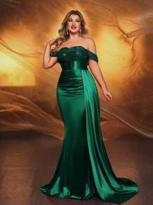 Glamrae Vestido de sirena elegante, de lujo y asimétrico con mangas de lentejuelas y parches, satén elástico y fruncido con abertura lateral, adecuado para bodas, fiestas, festivales, galas, ocasiones formales, como vestido de noche o para invitados de boda