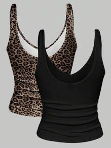 2pcs/Set Women Plus Size Leopard Print & Solid V-Neck Slim Crop Top, Summer - Black - View 2