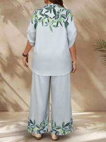 EMERY ROSE Set da 2 pezzi di camicia con volant e pantaloni con stampa floreale, per taglie forti da donna, adatto per vacanza