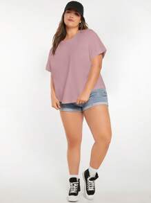 SHEIN BASICS Áo thun tay ngắn màu trơn thường ngày cỡ lớn, đa năng cho mùa hè - Màu tím - Xem 5