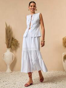 Bóhologie Conjunto de 2 piezas para mujer con blusa con cinta de encaje en los huecos de los brazos y el cuello, y falda larga. Conjunto de ropa de primavera-verano con look limpio