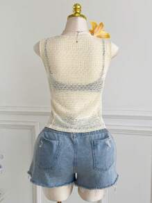 Comfortcana Plus Size Casual Resort Crochet Mesh Bow Decorated Shirt - Beige - View 2