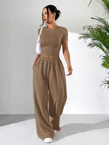 SHEIN EZwear 2 件套夏季灰色紧身短袖 T 恤和宽松运动裤休闲装 - 咖啡棕 - 查看 6