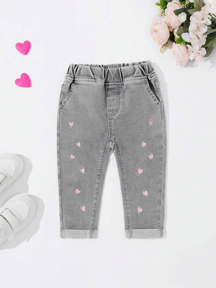 女婴爱心刺绣口袋休闲牛仔裤 - 灰色 - 查看 1